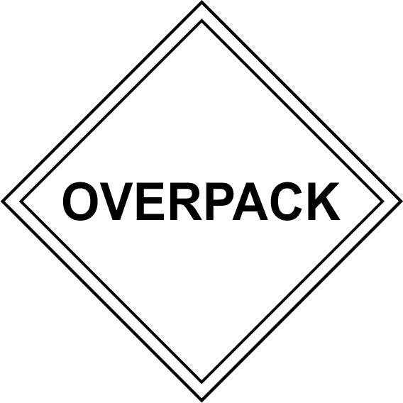 Overpack sign showing diamond-shaped dangerous-substance symbol with supplied colours and markings. Artwork DANG0035.