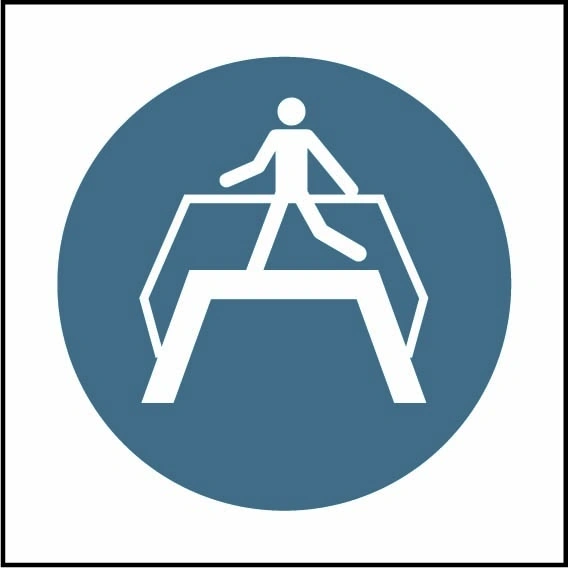 Use footbridge pictogram sign showing white person using footbridge pictogram in blue circle. Artwork MACH0060.