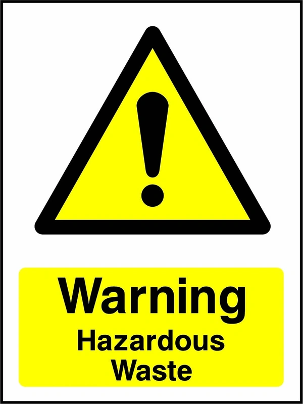 Warning — Hazardous waste sign with yellow triangular exclamation mark pictogram above wording. Artwork CHEM0071.