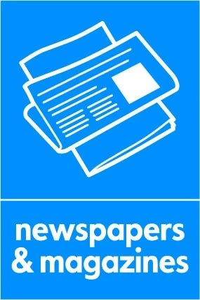 Newspapers & magazines recycling sign showing white material illustration and wording on a blue portrait panel. Artwork PAPE0036.