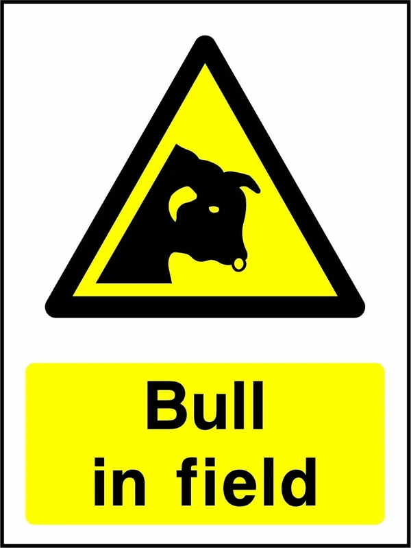 Bull in field sign showing yellow animal warning triangle above wording. Artwork COUN0015.