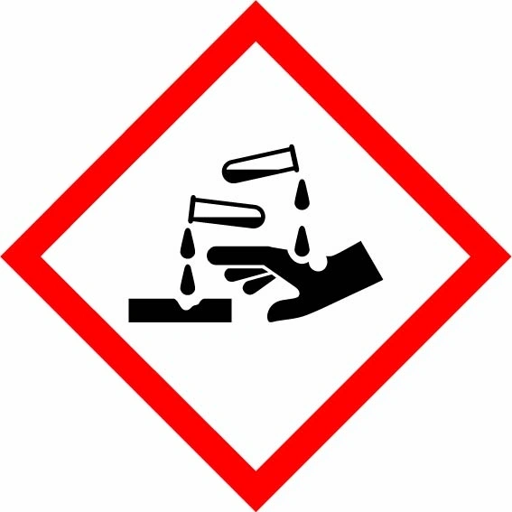 Corrosion red diamond pictogram sign showing diamond-shaped dangerous-substance symbol with supplied colours and markings. Artwork DANG0045.