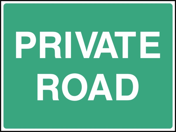 Private road sign showing white wording on a green panel. Artwork COUN0075.