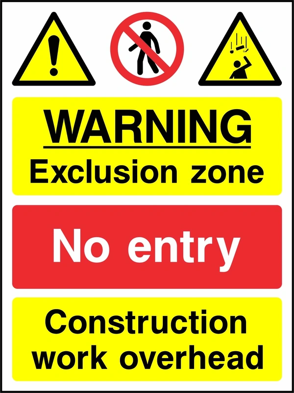 Yellow and red message panels with warning, no-entry and overhead-work symbols with WARNING Exclusion zone — No entry — Construction work overhead wording. CONS0126 artwork.