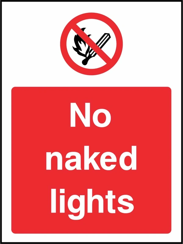 No naked lights sign. red prohibition pictogram above a red wording panel. Artwork SMOK0053.