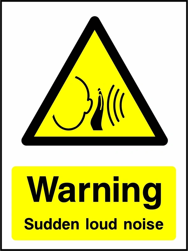 Warning — Sudden loud noise sign showing yellow ear and sound waves warning triangle above wording. Artwork MACH0024.