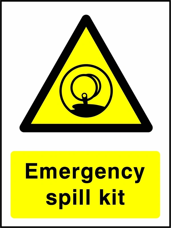 Emergency spill kit sign with yellow triangular spill kit pictogram above wording. Artwork CHEM0088.
