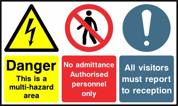 Danger — This is a multi-hazard area — No admittance — All visitors must report to reception. Side-by-side panels. Artwork MULT0047.