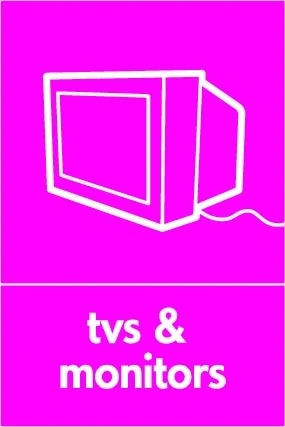 TVs & monitors sign showing white television pictogram above wording on magenta background. Artwork ELEC0094.