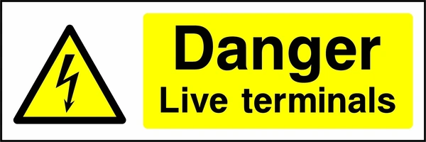 Danger — Live terminals sign showing yellow electrical lightning bolt warning triangle beside wording. Artwork ELEC0015.