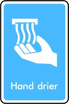 Hand drier printed sign. Blue information artwork INFO0011.