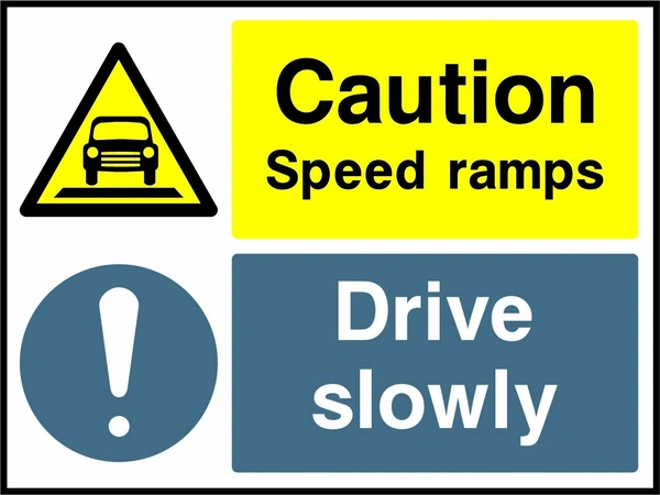Caution — Speed ramps — Drive slowly sign showing the supplied warning, instruction and information panels. Artwork GARA0029.