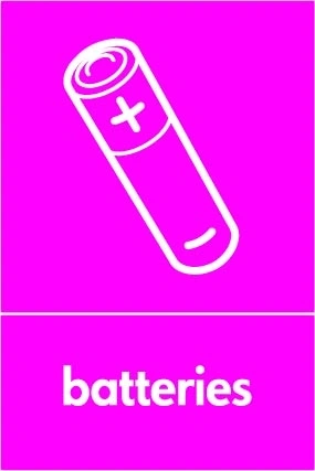 Batteries sign showing white battery pictogram above wording on magenta background. Artwork ELEC0079.