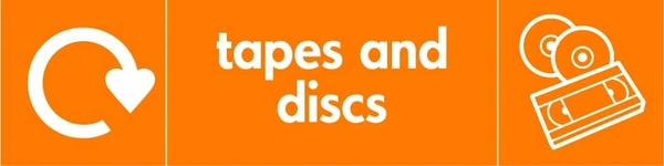 Tapes and discs collection-point artwork with a white recycling arrow, item illustration and wording on orange. OTHE0030.