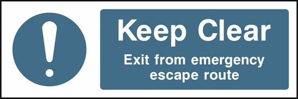 Keep Clear — Exit from emergency escape route sign showing blue exclamation pictogram beside wording. Artwork FPRV0036.