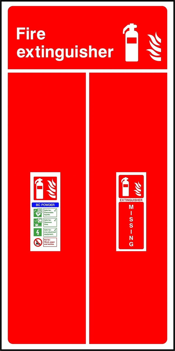 Fire extinguisher — BC POWDER — EXTINGUISHER MISSING sign showing collated BC powder identification and missing-equipment panels. Artwork FEQP0061.