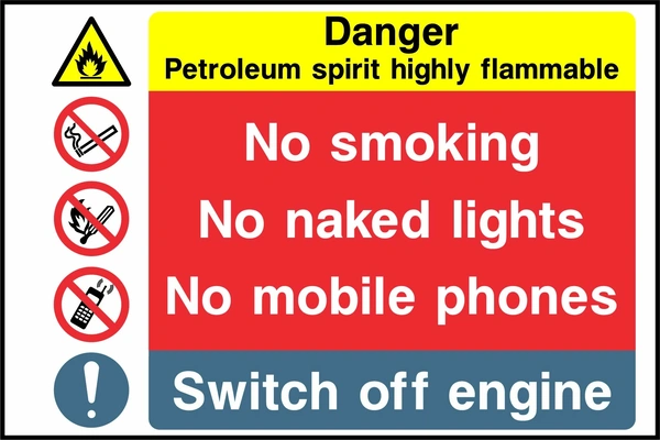 Danger — Petroleum spirit highly flammable — No smoking — No naked lights — No mobile phones — Switch off engine. Stacked message panels. Artwork MULT0033.
