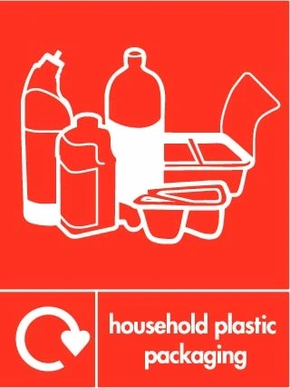 Household plastic packaging recycling sign showing white recycling arrow and plastic illustration and wording on a red portrait panel. Artwork PLAS0025.