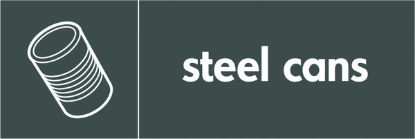 Steel cans recycling sign showing white material illustration and wording on a dark grey letterbox panel. Artwork META0021.