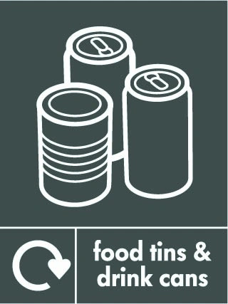 Food tins & drink cans recycling sign showing white recycling arrow, material illustration and wording on a dark grey portrait panel. Artwork META0061.