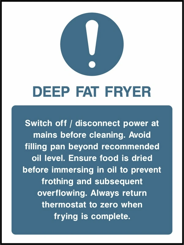 Deep fat fryer — Cleaning and hot oil safety. Food processing sign artwork FOOD0024.