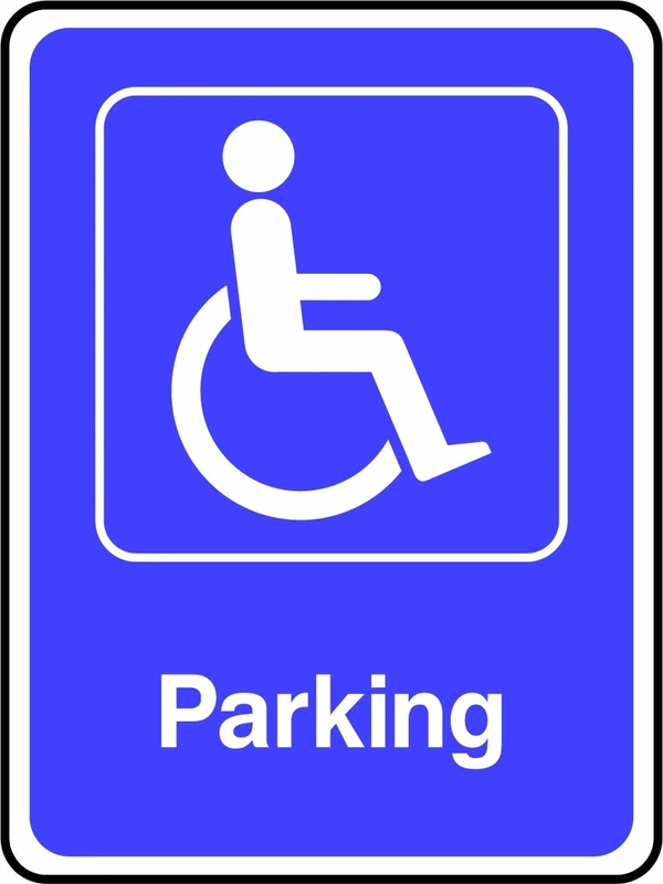 Parking sign showing white wheelchair pictogram above parking wording. Artwork DDA0010.