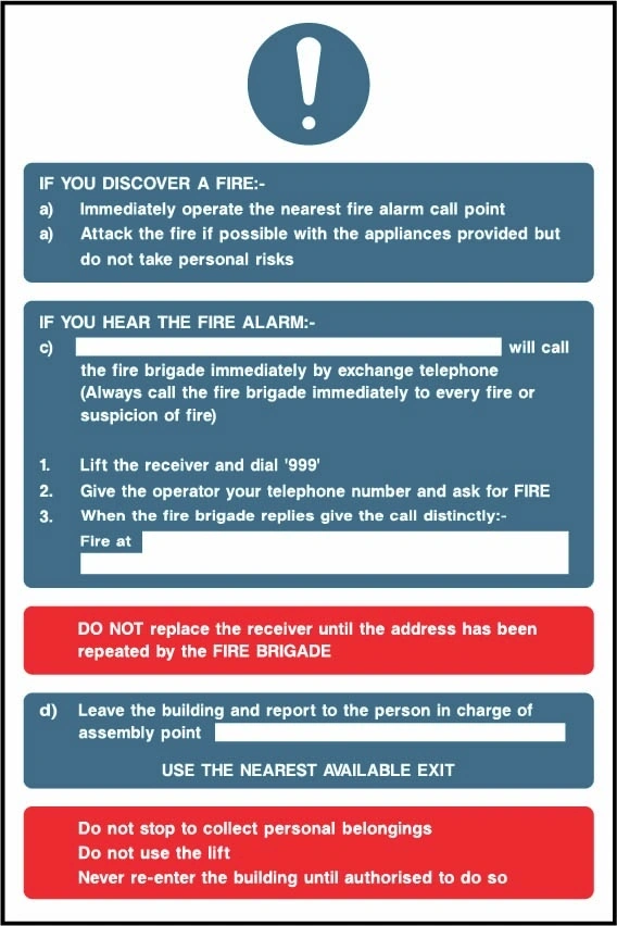 Fire Action printed notice with the original action instructions and layout. Artwork FACT0028.