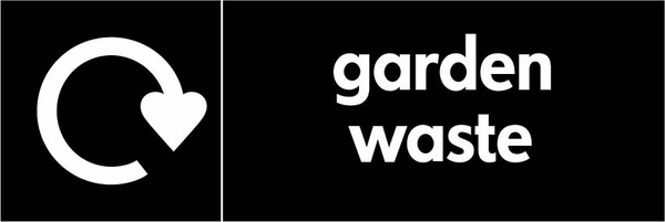 Garden waste recycling sign showing white recycling arrow and wording on a black letterbox panel. Artwork ORGA0003.