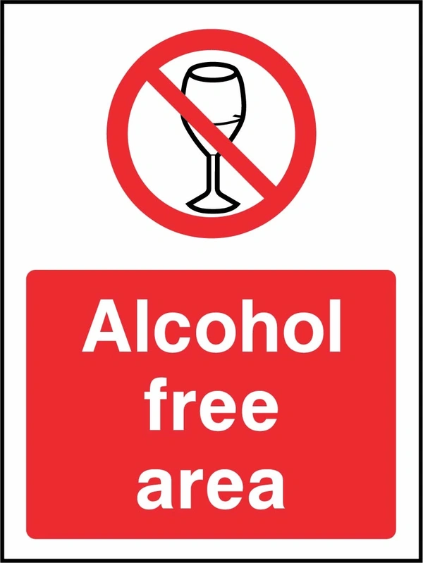 Alcohol free area sign showing red wine glass prohibition symbol above wording. Artwork GENE0124.