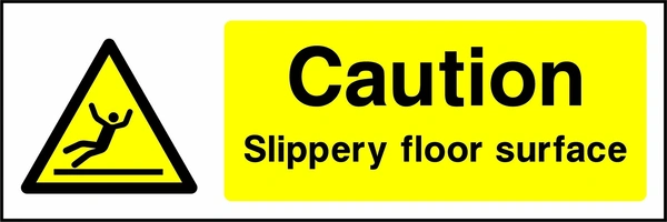Caution — Slippery floor surface sign showing yellow slipping person warning pictogram beside wording. Artwork GENE0016.