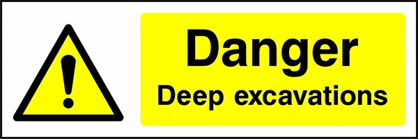 Danger — Deep excavations sign showing yellow exclamation warning pictogram beside wording. Artwork GENE0004.