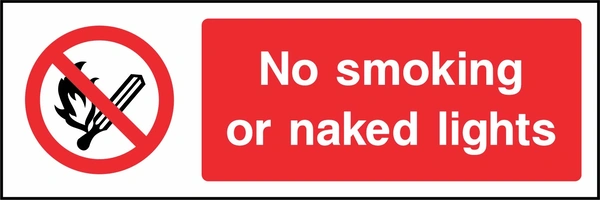 No smoking or naked lights sign. red cigarette or naked-flame prohibition pictogram beside a red wording panel. Artwork SMOK0006.
