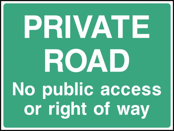 Private road — No public access or right of way sign showing white wording on a green panel. Artwork COUN0097.