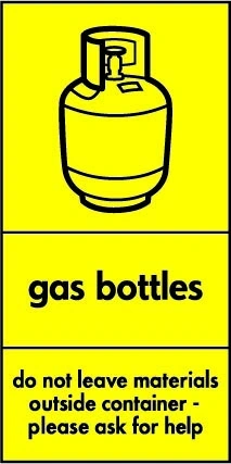 Gas bottles — Do not leave materials outside container — Please ask for help sign showing black pictogram and wording on a yellow panel. Artwork HAZA0011.