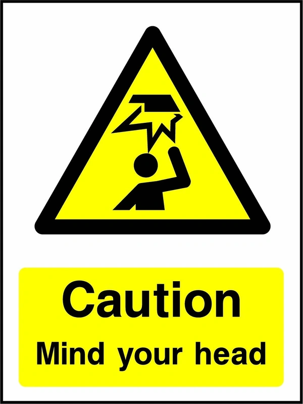 Caution — Mind your head sign showing yellow overhead impact warning pictogram above wording. Artwork GENE0067.
