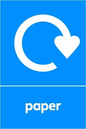 Paper recycling sign showing white recycling arrow and wording on a blue portrait panel. Artwork PAPE0029.