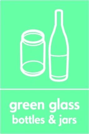 Green glass bottles & jars recycling sign showing glass illustration and wording on a light green portrait panel. Artwork GLAS0035.