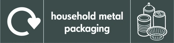 Household metal packaging recycling sign showing white recycling arrow, material illustration and wording on a dark grey letterbox panel. Artwork META0025.