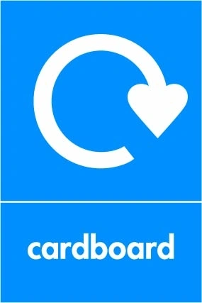 Cardboard recycling sign showing white recycling arrow and wording on a blue portrait panel. Artwork PAPE0025.