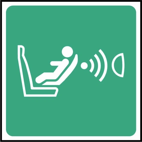 Child seat presence and orientation detection system (CPOD) sign showing child seat and detection-wave pictogram. Artwork FAID0016.
