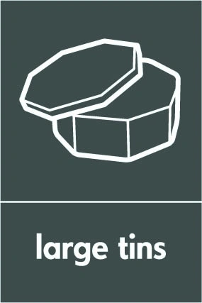 Large tins recycling sign showing white material illustration and wording on a dark grey portrait panel. Artwork META0051.