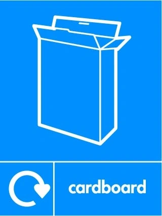 Cardboard recycling sign showing white recycling arrow and material illustration and wording on a blue portrait panel. Artwork PAPE0041.