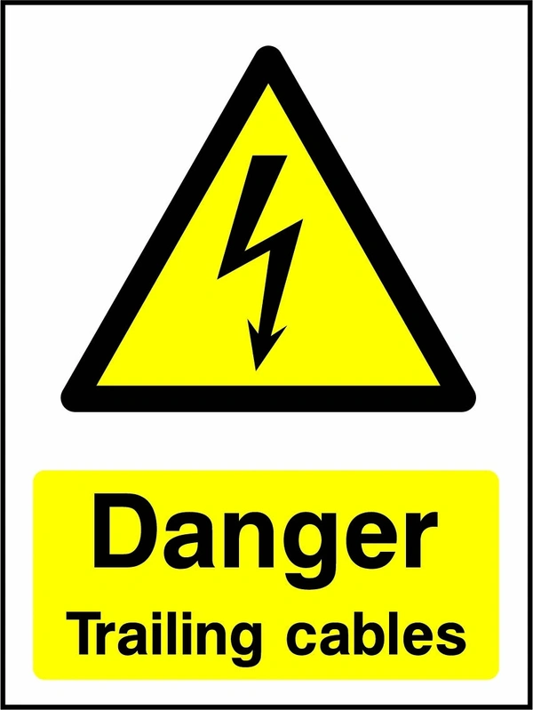 Danger — Trailing cables sign showing yellow electrical lightning bolt warning triangle above wording. Artwork ELEC0058.