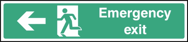 Green and white Emergency exit sign showing left-pointing arrow. Artwork EMER0027.