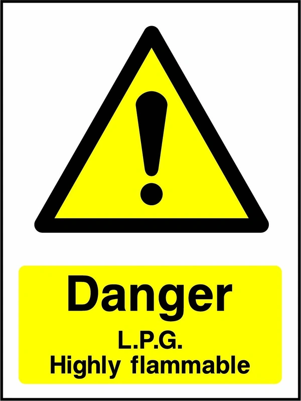 Danger — L.P.G. highly flammable sign with yellow triangular exclamation mark pictogram above wording. Artwork CHEM0068.