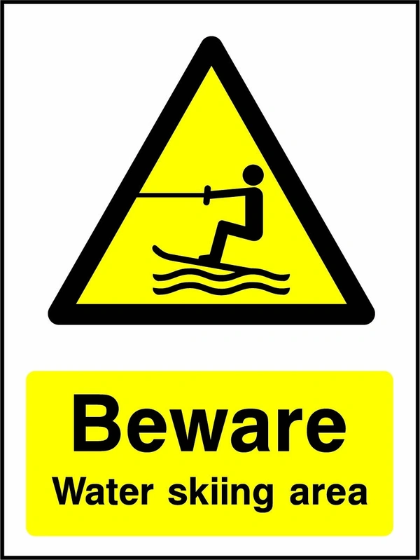 Beware — Water skiing area sign showing a yellow warning triangle above the printed water or coastal hazard message. Artwork WATE0036.
