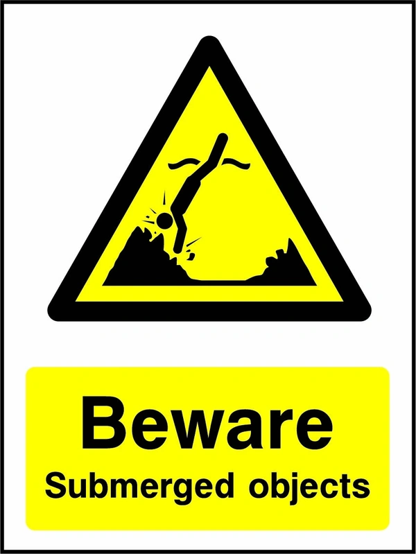 Beware — Submerged objects sign showing a yellow warning triangle above the printed water or coastal hazard message. Artwork WATE0046.