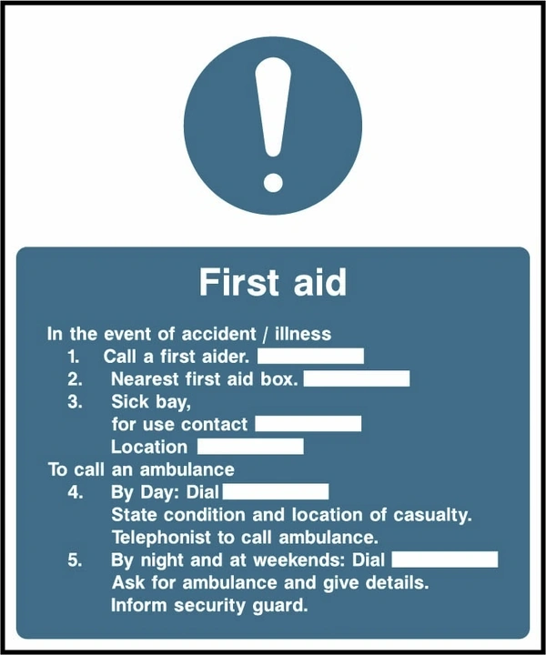 First aid sign showing blue mandatory notice with accident and illness contact fields. Artwork FAID0041.