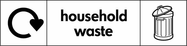 Household waste waste sign showing black recycling arrow, bin illustration and wording on a white letterbox panel. Artwork WAST0003.