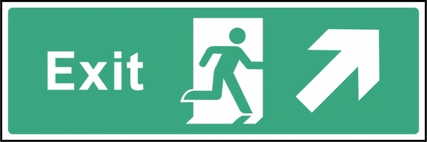 Green and white Exit sign with an up right arrow and running-person escape symbol. Letterbox artwork EMER0010.